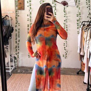 Sheer Tie-Dye Long Sleeve Duster Cover Up Festival Layer M